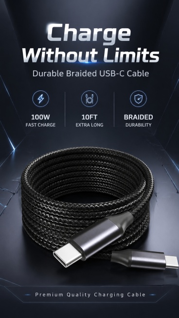 跨境电商商品营销海报，简约科技风，9:16竖版。主标题文字"Charge Without Limits"，副标题文字"Durable Braided USB-C Cable"，卖点文字分别为"100W预览效果