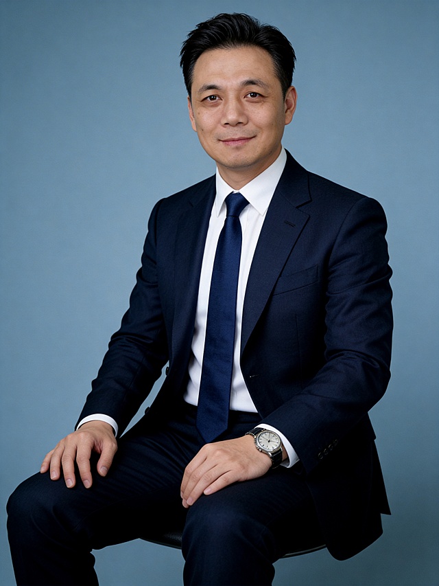 保留原图人物脸型和年龄特征，增加头发发量，生成企业创始人董事长的专业职场形象照，人物为坐姿，身着藏青色定制精纺西装外套搭配白色衬衫和深蓝色领带，佩戴精致手表，权威沉稳从容，冷蓝灰色纯色简约背景，专业布光，面部均匀柔和光线，高清写实，4K分辨率，画面比例3:4