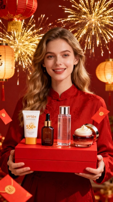 - 展示了四款明星产品：
    - **防晒霜**（SPF50+）：适合新年出行或日常防护。
    - **精华液/原液瓶**：深棕色瓶身，滴管设计，高端感十足。
    - **爽肤水/预览效果