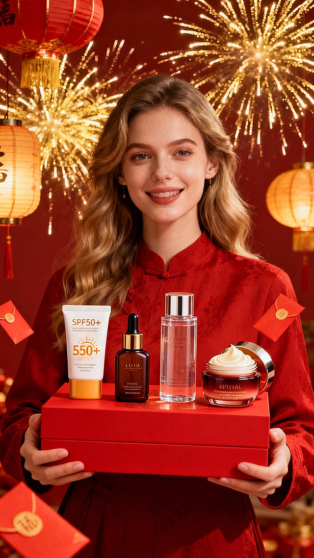 - 展示了四款明星产品：
    - **防晒霜**（SPF50+）：适合新年出行或日常防护。
    - **精华液/原液瓶**：深棕色瓶身，滴管设计，高端感十足。
    - **爽肤水/化妆水**：透明瓶身，清新简约。
    - **面霜/乳霜**：打开盖子，露出丰润质地，强调保湿滋养。
- 产品陈列在红色礼盒之上，一个欧美美女双手捧着礼盒，营造出“送礼佳品”或“自用犒赏”的感觉，符合春节送礼和自我宠爱的消费心理。

#### 4. **视觉设计亮点**
- **主色调为中国红 + 金色烟花**：充满节日喜庆感，吸引眼球。
- **灯笼、烟花、红包元素**：强化春节氛围，增强情感共鸣。
- **光影效果与产品质感**：通过细腻的打光和材质表现，突出产品的高级感和专业度。


比例是9:16