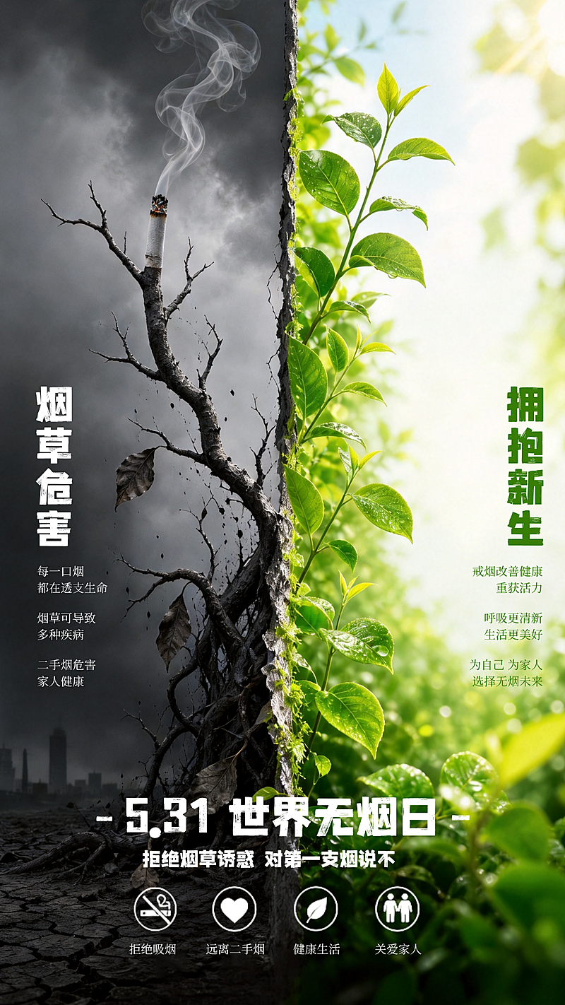 世界无烟日公益宣传撕纸风手机竖版海报