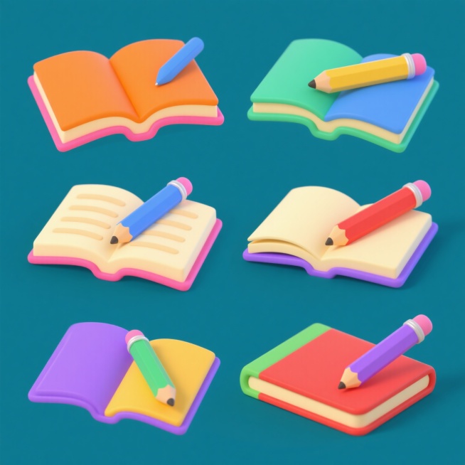 一套6个不同造型的卡通风格系列素材集合，规整排布，每个素材均为纯色背景，保持原插画的3D立体效果、圆润可爱的造型风格、平滑的渐变色彩过渡和柔和的光影处理。元素内容包括一本翻开的橙色封面书籍，书页为米黄色，书脊为粉红色，以及一支带有蓝色笔身和粉色笔帽的铅笔斜放在书页上。6个造型在保持核心元素不变的前提下，通过改变书籍的开合角度、铅笔的摆放姿态（如笔尖朝左、笔尖朝右、铅笔横放、铅笔斜插书页、铅笔靠……预览效果