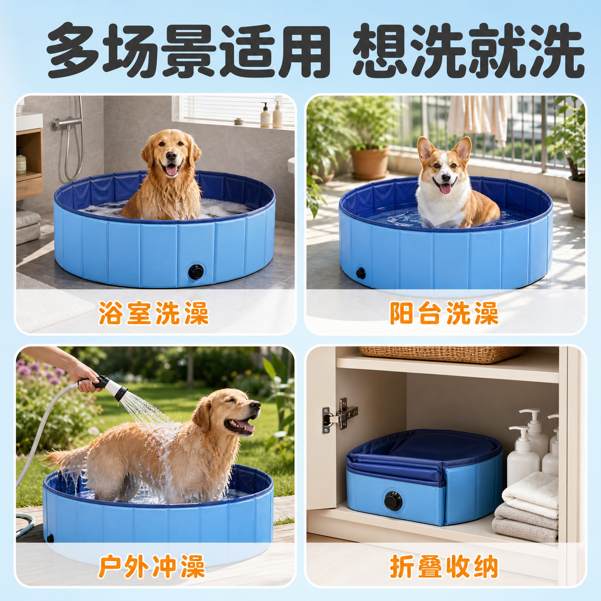 [主图-4] 宠物洗澡盆多场景使用图 展示家用阳台 浴室 户外… - 图片创意预览