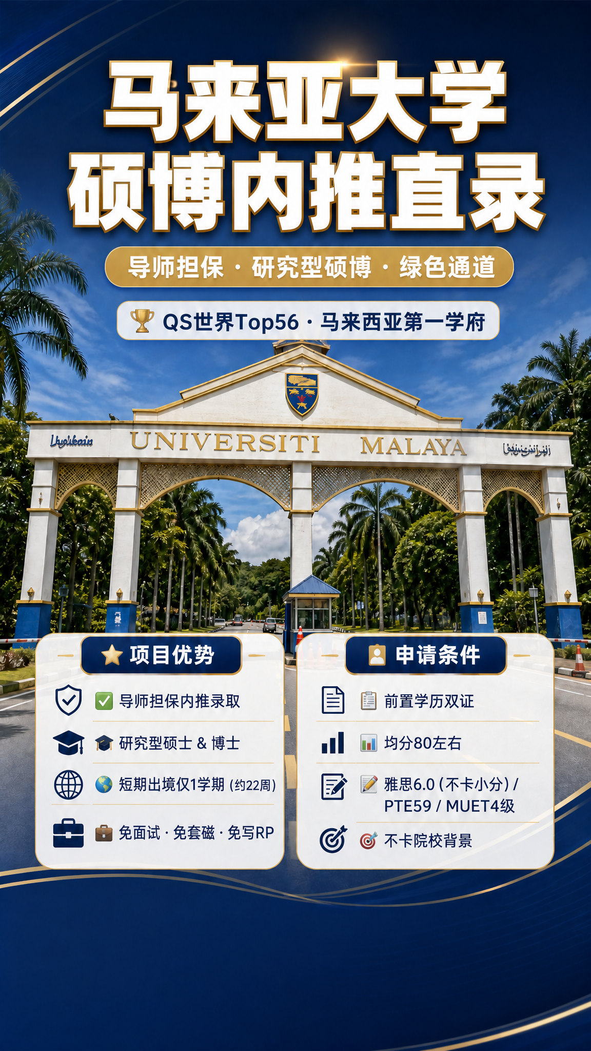 基于这张马来亚大学硕博内推海报进行修改：1. 将荣誉标签中的"… - 图片创意预览