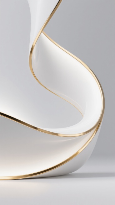 一张现代简约风格的背景图，画面中由流畅飘逸的白色曲面构成主体，曲面边缘镶嵌着金色的金属线条，线条呈现出优雅的弧形弯曲，光影效果柔和，高光部分明亮但不刺眼，阴影过渡自然，整体营造出高端、简洁、大气的氛围，白色与金色的搭配和谐且富有质感，背景为纯净的浅灰色，使主体的曲线和金属光泽更加突出，适合作为具有现代设计感的背景使用。预览效果