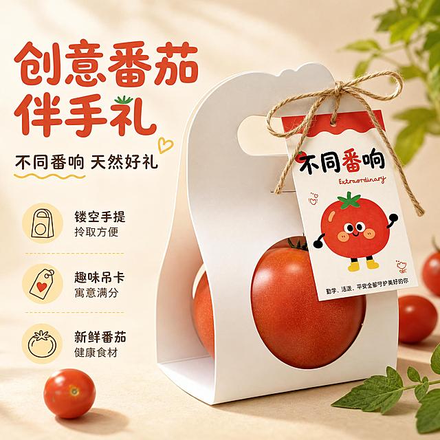 [主图-1] 主题：创意番茄伴手礼首图，突出礼盒整体颜值与送礼氛围，吸引点击。
[统一基调] 淘宝/天猫食品礼盒风格，清新温暖童趣风，背景主色为浅米白+淡番茄红点缀，标题字色为番茄红，辅助字色为深棕，强调色为暖黄；字体为圆润可爱黑体，标题粗体醒目，辅助文字纤细清晰；整体干净通透，有自然暖阳感，专业品质。
[画面] 产品为白色镂空手提番茄礼盒，侧面圆形镂空露出一颗新鲜红番茄，顶部麻绳系着「不同番响」卡通番茄吊卡，产品外观、结构、颜色、材质与输入图完全一致。礼盒位于画面偏右位置，占比约65%，略微倾斜摆放，正面45度视角，完整展示手提镂空结构和吊卡细节。左侧留出负空间放文案。背景为温馨的浅米色桌面，搭配柔和的自然光，周围散落2-3颗新鲜小番茄和一片绿叶，营造自然新鲜的送礼氛围。礼盒下方有柔和的接触阴影，自然不悬浮。
[光影质感] 自然暖阳逆光，主光从左上方来，柔和均匀，番茄表面有通透的光泽感，白色礼盒材质干净有质感，麻绳纹理清晰，整体商业摄影质感，高级不廉价。
[配色] 主背景浅米白，点缀番茄红、暖黄、叶绿；标题番茄红，辅助深棕，强调暖黄；整体色调温暖清新，符合食品伴手礼的健康天然感。
[文字版式] 左文右图布局。左上角主标题大字「创意番茄伴手礼」番茄红粗圆体；下方副标题「不同番响 天然好礼」深棕小一号；再下方三行小卖点图标+文字：「镂空手提 拎取方便」「趣味吊卡 寓意满分」「新鲜番茄 健康食材」，每行配一个小图标。文字都在左侧负空间，不遮挡产品，清晰可读。
[输出要求] 1:1正方形，2048px，文字清晰无错字，产品清晰不变形，背景干净有层次，无水印无平台Logo，无多余杂物，整体高级有食欲感。负向：变形 错字 模糊 杂乱 水印 平台Logo 悬浮 穿模 色差 畸形