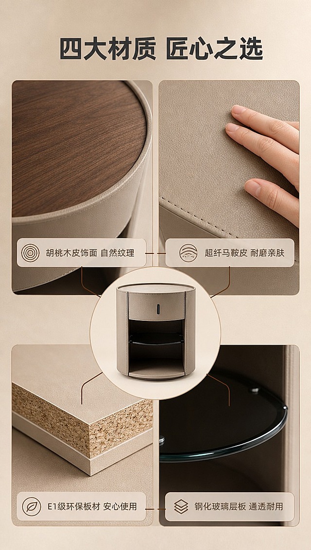 [商品] 使用【图1】DL-8840圆形床头柜；保留圆形整体轮廓、浅卡其色超纤马鞍皮软包柜体、胡桃木皮顶部、单抽屉+黑色长拉手、下层钢化玻璃层板、底部圆形底座结构、颜色和材质比例；商品处理：保留原有结构与颜色，增强皮革纹理、木皮质感和玻璃通透感，不改变版型和结构。
[画面] 目标：材质工艺页，建立高端材质信任；四宫格材质特写构图，分别展示：左上-胡桃木皮桌面纹理特写，右上-超纤马鞍皮软包触感特写（带手部触摸），左下-E1级板材截面示意，右下-钢化玻璃层板通透特写；中心区域放产品整体小图。
[视觉] 套系策略：风格=意式轻奢高级商业摄影；标题字=现代无衬线粗体；正文字=简洁无衬线体；主色=浅卡其棕；背景延展=基于浅卡其棕做深浅层级、同色渐变和细腻皮革/木纹质感；强调色=深胡桃木色，仅用于小面积图标、引线和标签；标题色=深炭灰；正文色=中暖灰；组件=圆角浅底信息卡、细线引线；光影=左前侧暖柔光，柔和阴影。
[文字] 顶部主标题「四大材质 匠心之选」（8字）；每个材质格下方配短标签：「胡桃木皮饰面 自然纹理」「超纤马鞍皮 耐磨亲肤」「E1级环保板材 安心使用」「钢化玻璃层板 通透耐用」；文字横向排版。
[规格] 图片比例9:16竖版，4K分辨率，避免变形、错字、文字过小、冷蓝/蓝灰背景、产品颜色改变、结构失真、极限词。