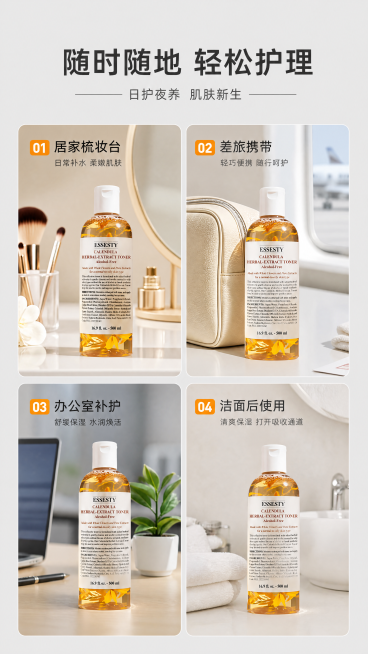 [第14屏] 多场景使用拼图展示。分四格拼图，分别展示：居家梳妆台、差旅携带、办公室补护、洁面后使用四个场景，每格都保留产品特征与【图1】一致。浅灰背景，分格清晰。标题"随时随地 轻松护理"。9:16预览效果