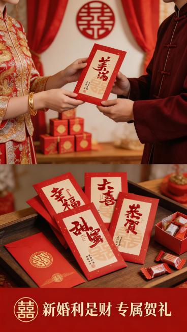 9:16比例上下拼接暖调婚礼场景宣传图，使用参考图的书法款中式结婚红包设计，上方场景图为新人手递同款红包特写，背景虚化露出喜糖盒、囍字装饰、红绸婚房布置，传递温暖喜庆的互动感；下方场景图为同款红包堆叠预览效果