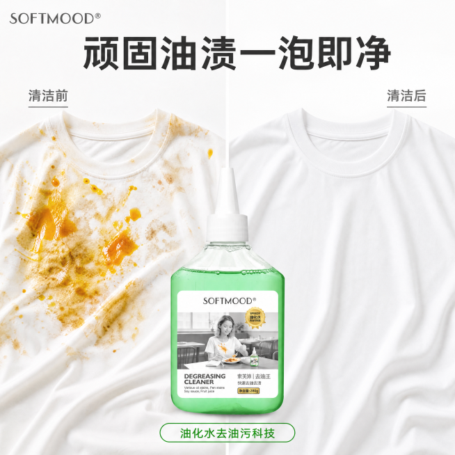 [主图-2] 去油效果对比展示图。
[氛围风格] 清晰直观，真实可信的对比展示
[画质] 商业摄影质感、光线柔和通透、产品清晰真实、画面干净高级。
[元素] 保持去油王清洁剂瓶体外观和颜色与原图一致，预览效果