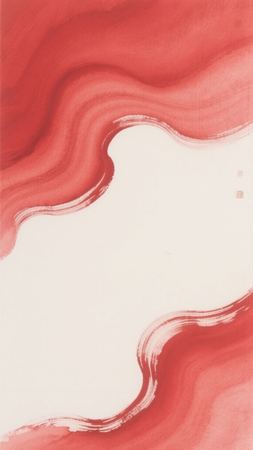 红色背景，大面积留白，红色颜料在宣纸上流动形成的自然纹理，暗红色与鲜红色交织的波浪状纹路，细腻的笔触和柔和的渐变，具有东方美学的意境和现代简约的设计感，整体画面干净利落，色彩饱满而不刺眼，留白部分与红色纹理形成鲜明对比，营造出宁静而富有张力的视觉效果。预览效果