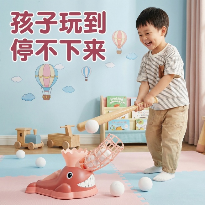 图片主图主题：儿童棒球玩具玩耍场景体验。氛围风格：统一童趣IP风，真实活泼儿童玩耍氛围。画面元素：一位可爱亚洲小男孩（5-6岁）开心挥棒击打弹射出来的棒球，产品摆放在儿童房柔和马卡龙地面，背景浅蓝色墙预览效果