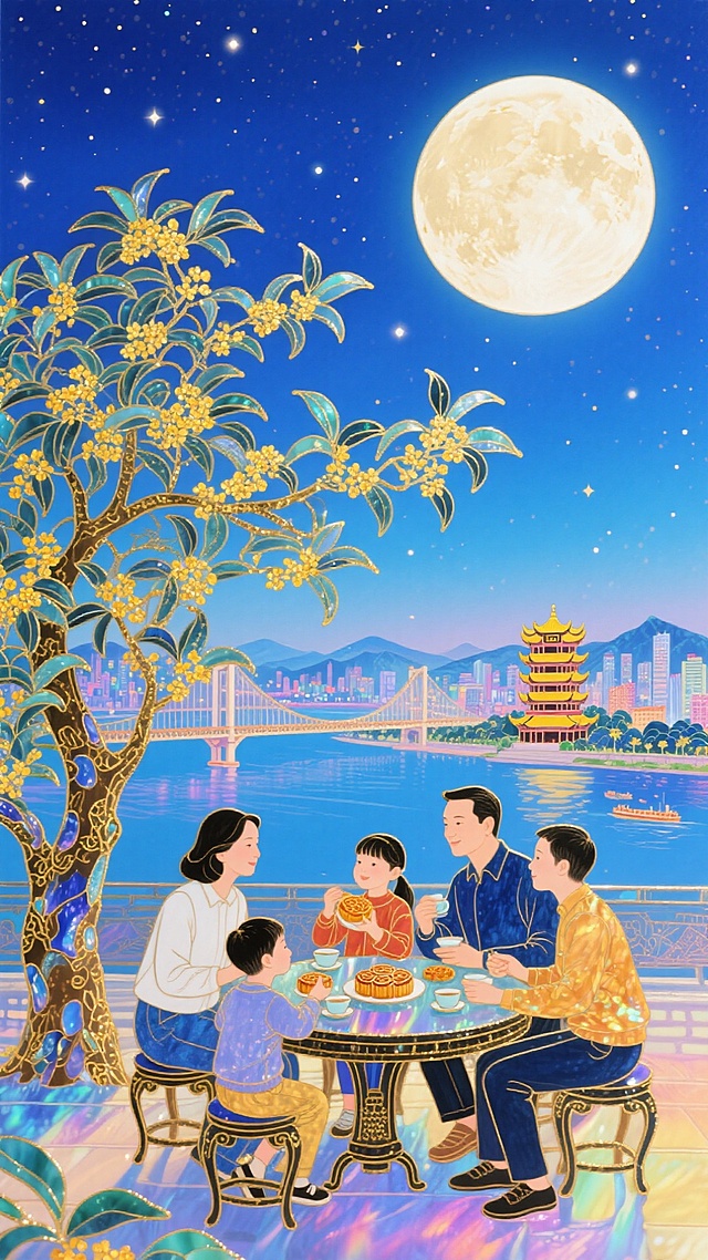 中秋夜，全家围坐赏月品饼，桂花树下光影斑斓，工笔与刺绣技法交融，鎏金线条勾勒梦幻中式景致，温馨团圆尽在画中。