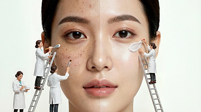 微缩艺术风与3D混合材质结合，超现实主义呈现肌肤焕新过程，科技感与柔和感交织，展现现代护肤的精密与舒适体验。