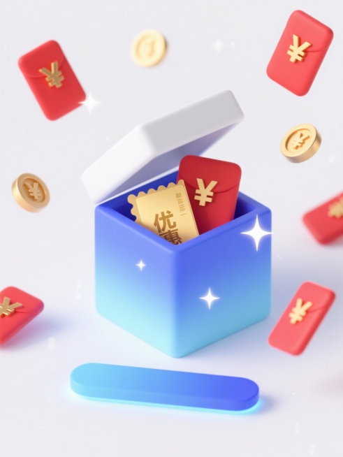 一个充满电商促销氛围的3D渐变风格插画，白色背景，中央是一个立体的方形礼盒，礼盒主体采用从浅蓝到深蓝的渐变色彩，顶部有一个白色的翻盖，翻盖微微打开，露出内部的金色优惠券和红包。礼盒下方有一个同样是蓝色渐变的长条形按钮，按钮边缘有柔和的光晕效果。礼盒周围漂浮着多个红色的红包和金色的硬币，红包上有金色的“¥”符号，所有元素都带有细腻的高光和星星点点的闪光效果，整体光影柔和，色彩清新明快，营造出欢快……预览效果