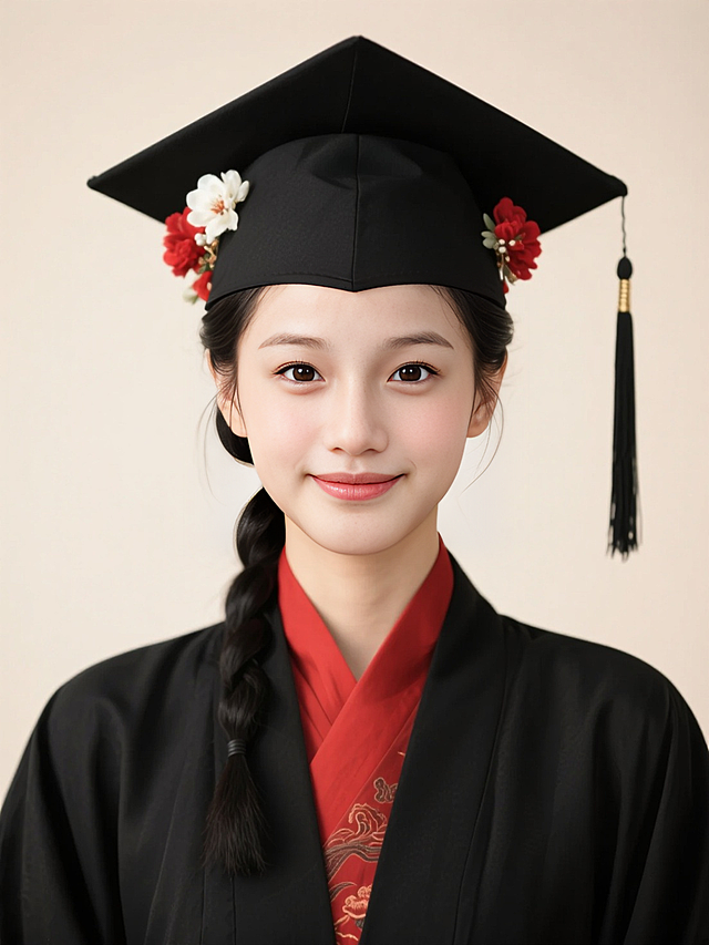 正面照，黑色古风低垂发髻，穿戴黑色学士服学士帽，内衬是红色古风汉服，学士帽两边都簪了红色和白色的花，半身照，背景浅色质感，暖光