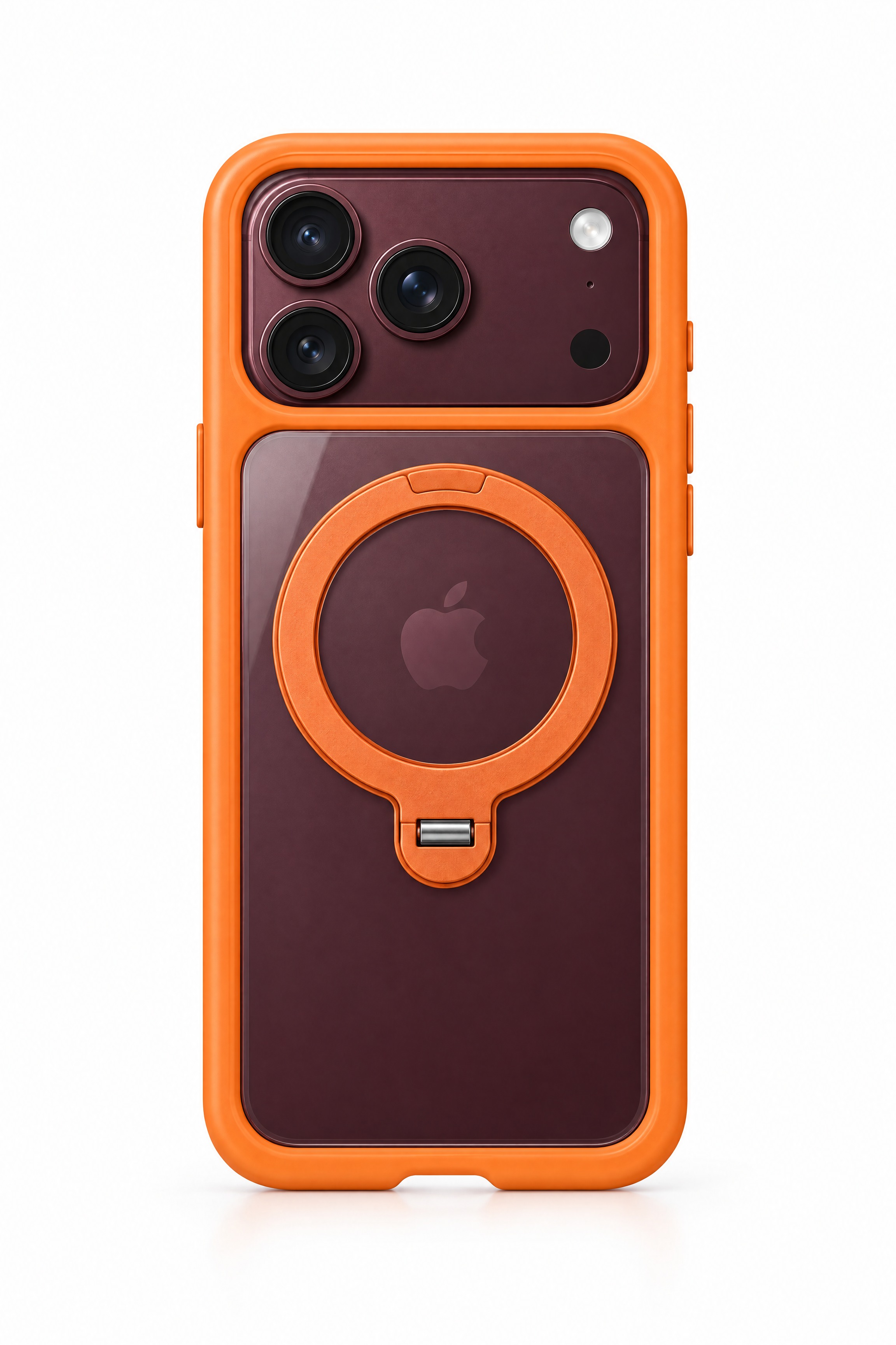将酒红色iPhone手机装入橙色边框带磁吸指环支架的透明手机壳… - 图片创意预览