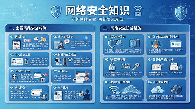 一张横版16:9的网络安全知识科普信息图，将所有内容完整排版在同一页上。整体为现代科技感扁平插画风格，浅蓝至深蓝渐变背景，顶部大标题“网络安全知识”，标题下方分左右两大板块。左侧板块标题“一、主要网络安全威胁”，以两列竖向卡片列出8项：01 网络诈骗——不法分子通过各种手段，如虚假网站、中奖信息、网络兼职等，诱骗用户提供个人信息或转账汇款，从而达到骗取钱财的目的；还有的冒充公检法机关进行诈骗，声称您涉及某项重大案件，需要将资金转移到“安全账户”配合调查。02 个人信息泄露——在网上注册账号、填写表单、使用公共Wi-Fi等过程中，个人信息可能会被黑客窃取或非法收集，导致隐私泄露，甚至被用于非法活动；比如，一些不法分子获取个人信息后进行精准的电话推销或诈骗。03 恶意软件攻击——病毒、木马、蠕虫等恶意软件可能会潜伏在下载的软件、邮件附件或链接中，一旦运行，就会破坏计算机系统、窃取数据或控制设备；例如，勒索病毒会加密重要文件，然后要求支付赎金才能解锁。04 网络钓鱼——攻击者通过发送看似来自合法机构的电子邮件或短信，引导用户点击链接并输入个人敏感信息，从而实施诈骗；此外，还有“伪基站”钓鱼，通过伪装成运营商基站，发送虚假短信，骗取用户信息。05 社交工程攻击——攻击者利用人性的弱点，如好奇心、同情心等，通过欺骗手段获取用户的信任，从而获取敏感信息；比如，伪装成熟人向您求助，借机询问密码等重要信息。06 物联网安全威胁——随着智能家居设备的普及，这些设备也可能成为被攻击的目标；黑客可能入侵智能摄像头，窃取家庭生活画面，或者控制智能门锁，威胁家庭安全。07 网络暴力——在网络上，一些人可能会恶意攻击、诽谤他人，对受害者的身心健康造成极大的伤害。08 账号盗用——黑客通过各种手段获取账号密码，盗用社交账号、游戏账号等，进行非法活动或造成不良影响。右侧板块标题“二、网络安全防范措施”，以两列竖向卡片列出6项：01 提高安全意识——保持警惕，不轻易相信来路不明的信息和链接，不随意在网上透露个人敏感信息；定期关注网络安全知识，了解常见的网络诈骗手段，增强自我防范能力。02 加强密码管理——设置复杂且独特的密码，包含字母、数字和特殊字符，并定期更换；避免使用相同的密码在多个平台上注册账号。03 谨慎使用公共网络——在公共场所尽量不使用公共Wi-Fi进行敏感操作，如网上银行、购物等；如果必须使用，建议使用虚拟专用网络(VPN)加密通信。04 开启防火墙和杀毒软件——防火墙可以阻止未经授权的网络访问，杀毒软件可以检测和清除恶意软件。05 注意电子邮件安全——不打开来历不明的邮件附件，不点击可疑的邮件链接；定期清理垃圾邮件，避免邮箱被恶意利用。06 备份重要数据——定期将重要的文件、照片、视频等数据备份到外部存储设备或云存储服务中，以防数据丢失或被加密勒索。画面包含盾牌、锁、WIFI、邮件、摄像头等网络安全相关小图标，配色统一、字迹清晰、布局紧凑整齐，适合科普宣传
