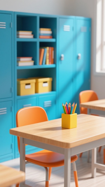 3D渲染风格的书桌场景，明亮自然光从侧面柔和照射，浅木色桌面纹理清晰，搭配橙色座椅，背景是蓝色储物柜，柜上有书籍和收纳盒，桌上黄色方形笔筒内插满彩色铅笔，整体色调明快活泼，营造出整洁有序且充满活力的学习工作空间氛围，不同场景布置的书桌背景。预览效果