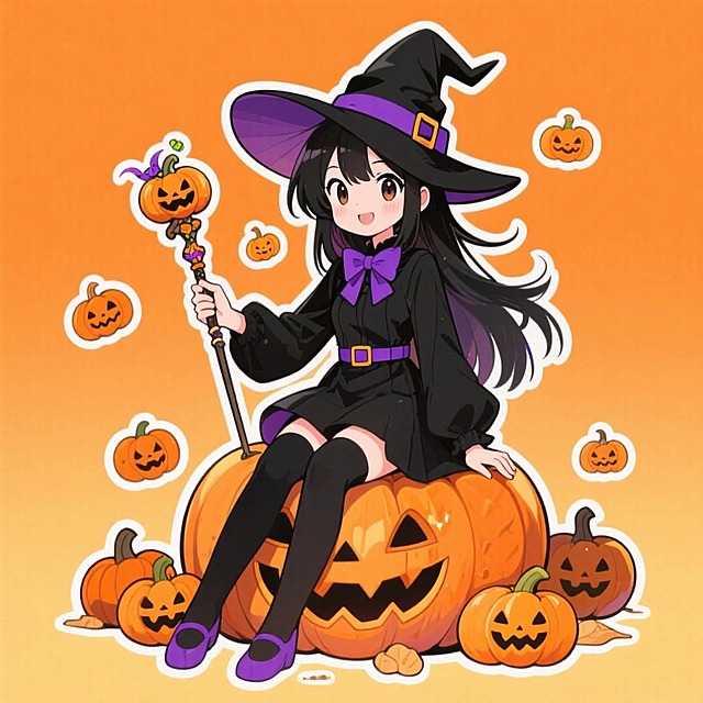 可爱的女巫形象。她戴着带紫色腰带的黑色巫师帽，穿黑色服饰配紫色领结，坐在大南瓜灯上，手持装饰南瓜灯的权杖，周围点缀多个小南瓜灯，背景暖橙色，卡通贴纸