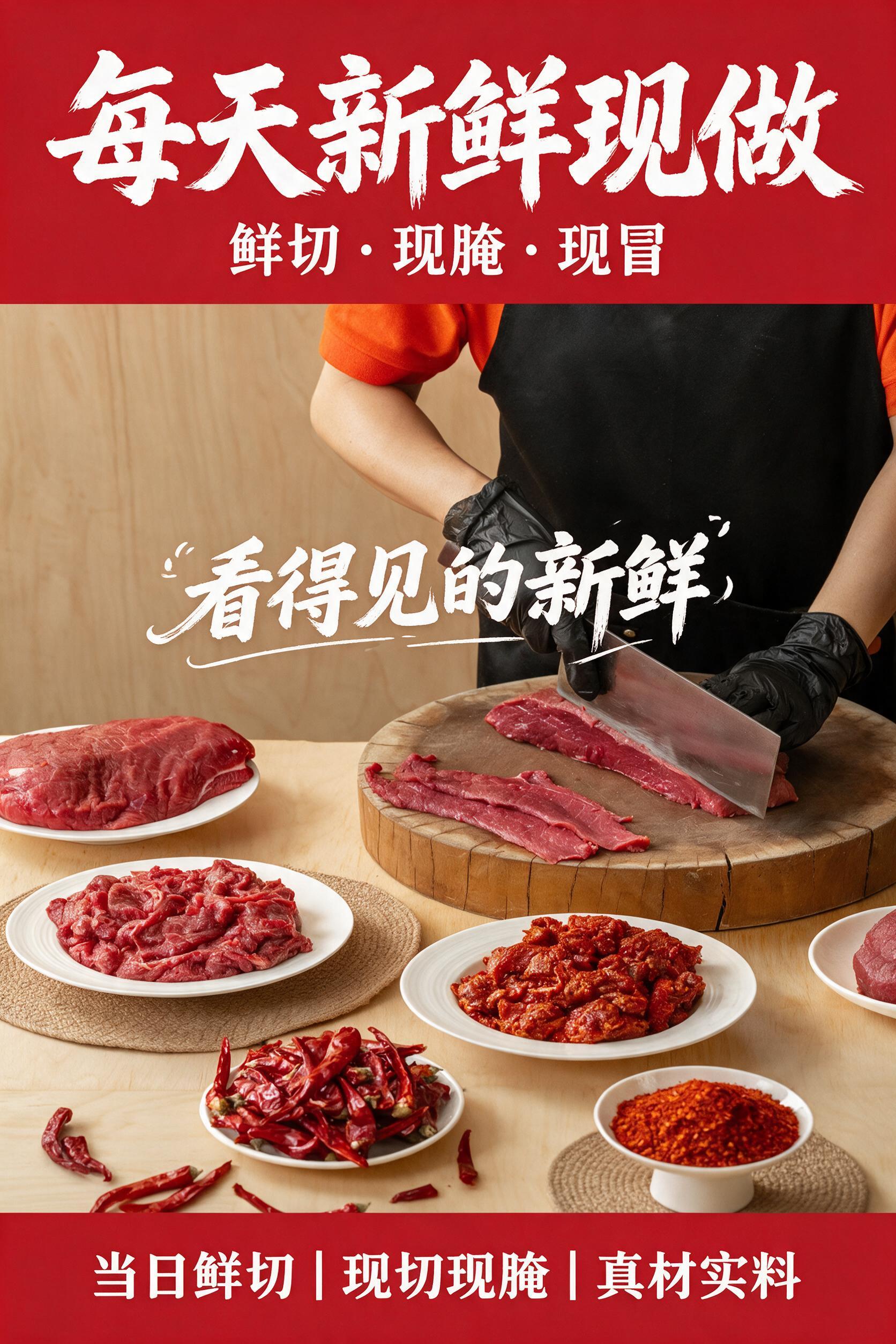 以图1的鲜切牛肉场景为主图，参照图2的竖版餐饮海报风格，制作6… - 图片创意预览