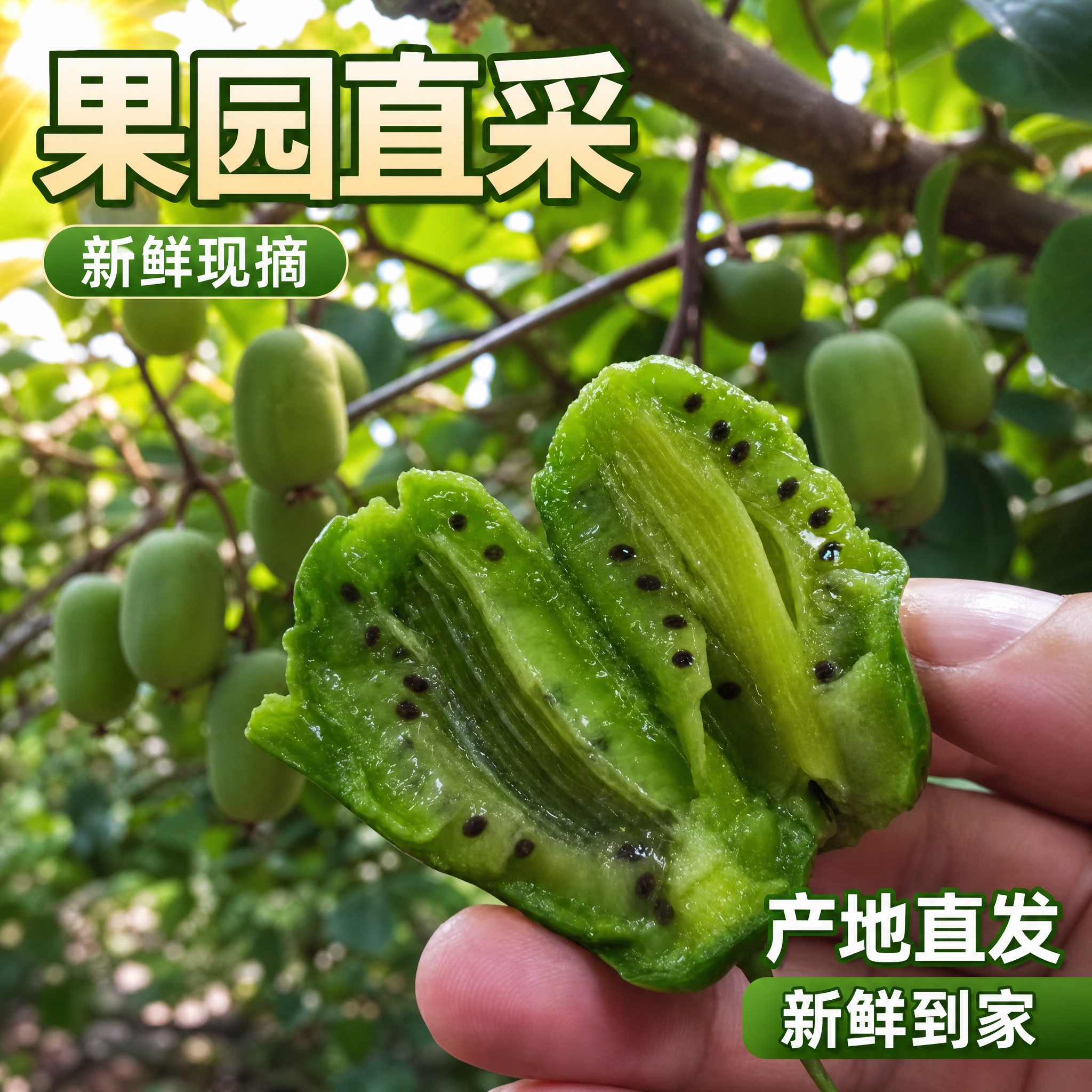 软枣猕猴桃电商主图果园实拍，抖音1:1。一只手拿着掰开的软枣猕… - 图片创意预览