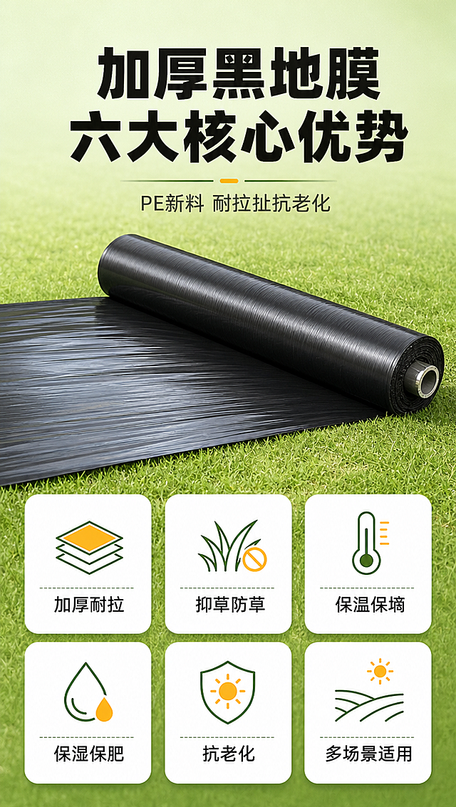 [商品] 使用【图2】黑色PE农用防草地膜卷装产品；保留黑色材质、卷装圆柱形态、金属纸芯端面、膜面纵向纹理；商品处理：保留产品颜色、材质、卷装结构，让草地更整洁均匀，增强卷装的圆柱立体感和膜面光泽。
[画面] 目标：核心卖点总览，6大卖点icon卡展示。构图：上方产品横置居中占画面35%，下方2行3列共6个圆角icon卖点卡，每卡配图标+短标题；阅读动线：顶部产品→中部主标题→下方6卖点逐行阅读。
[视觉] 套系策略：风格=农资五金建材专业商业摄影风；标题字=粗黑体厚重有力；正文字=思源黑体清晰易读；主色=深黑+翠绿；背景延展=浅绿渐变底色+细腻草地纹理质感；强调色=橙黄色，仅用于小面积图标、引线、标签；标题色=深炭黑；正文色=深灰；组件=圆角白底信息卡、线性图标、分割线；光影=均匀柔光，产品有自然阴影。
[文字] 顶部主标题"加厚黑地膜 六大核心优势"（10字），副标题"PE新料 耐拉扯抗老化"（8字）；下方6个卖点卡：①加厚耐拉 ②抑草防草 ③保温保墒 ④保湿保肥 ⑤抗老化 ⑥多场景适用。每卡4字，图标在上文字在下。
[规格] 图片比例9:16竖版，4K分辨率，负向提示：避免变形、错字、文字过小、产品颜色改变、冷蓝背景、水印、二维码、绝对化用语。