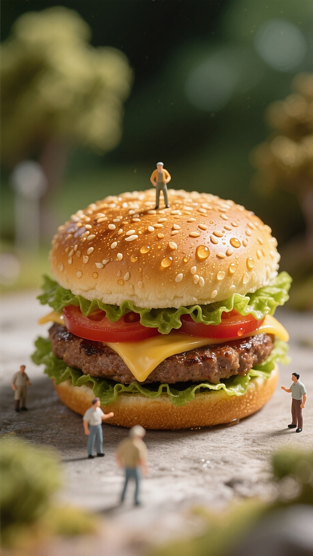 3D微缩艺术风，超现实主义设计，趣味清新感十足的巨型汉堡场景。