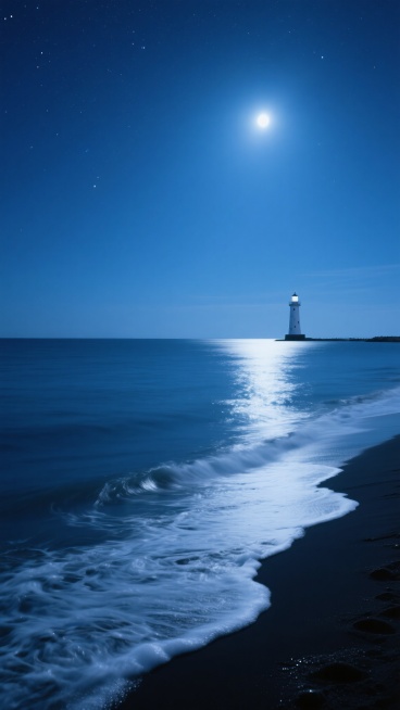 超写实风景摄影，宁静深邃的夜晚海边，靛蓝色夜空点缀着明亮星辰与朦胧月光，月光在海面上形成银色光带，黑色沙滩与靛蓝色海水交界，白色浪花轻柔拍打岸边，呈现细腻泡沫纹理，远处海平面有一座孤独的白色灯塔，整体色调以深蓝、靛蓝、银白为主，光影对比柔和，营造神秘静谧氛围，画面层次分明，细节丰富，高分辨率，清晰锐利。预览效果