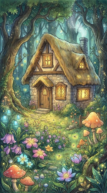 A charming and beautiful fairy-tale villa nestled in a enchanted forest, thatched roof, cobblestone预览效果