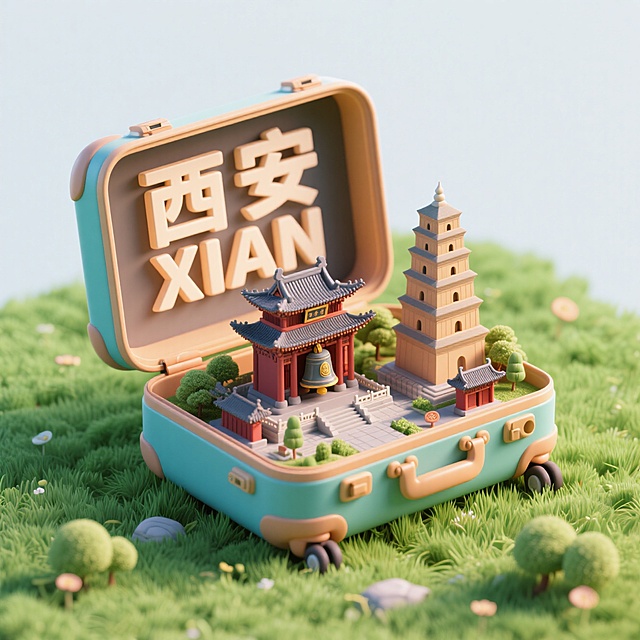 俯视图，一个打开的行李箱，行李箱内侧盖子写着“西安 XIAN“，行李箱体里是钟楼、大雁塔、古风组成的3d微缩景观，行李箱被放在草地上