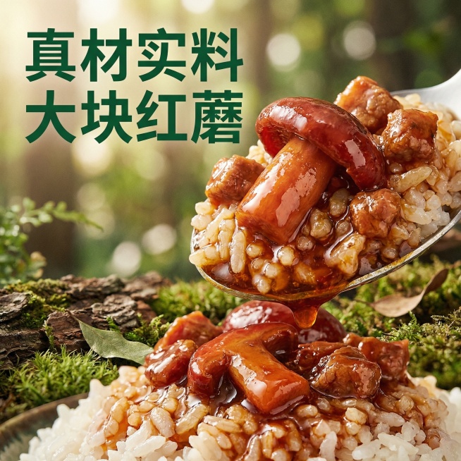 红蘑肉酱细节特写主图，森林系风格。微距特写红蘑肉酱浇在米饭上的状态，红蘑颗粒饱满可见，肉酱油润光泽，酱汁顺着米饭纹理慢慢流淌，浓郁诱人。背景虚化处理，突出肉酱的微距质感。左侧大字标题 "真材实料 大块预览效果