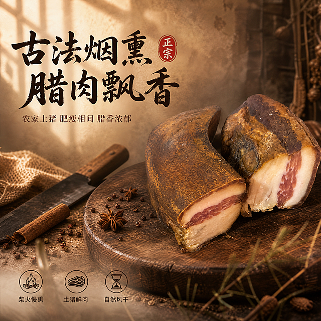 [单张主图] 烟熏腊肉 高级氛围感主图 暖棕复古静物风 突出食欲与腊香质感。
[画面主体] 两块古法烟熏腊肉主体，一块完整展示深褐色烟熏外皮纹理，一块切开展示肥瘦相间的横截面，瘦肉红润紧实、肥肉透亮分层，腊质油光自然；保持腊肉外观（物理结构、材质质感、颜色、烟熏外皮肌理、肥瘦层次）与输入产品图绝对一致，杜绝任何变形和色差，精细化处理肉质纤维与烟熏焦香表皮；商品主体占画面约55%，位于画面中右侧，完整不裁切。
[构图版式] 暖棕复古静物型版式；产品置于画面中右区域，左侧大面积留白放置主标题与副文案，底部轻量图标卖点承接，画面满版无边框。
[场景元素] 深棕色老榆木砧板承托腊肉，砧板带有自然使用痕迹与木纹肌理；背景为暖棕色做旧土墙与柔和窗影，左上角斜射入一缕暖阳逆光；砧板左侧散落少量干花椒、八角、桂皮等香料，旁侧放置一把旧木柄菜刀与粗麻布一角；前景有轻微虚化的干松枝与烟熏竹枝点缀，营造农家柴房烟熏氛围；背景虚化处理，突出腊肉主体的油润光泽与切面层次。
[文案版式] 左上负空间左对齐留安全边距，主标题两行粗笔刷书法字「古法烟熏 腊肉飘香」，深棕近黑色，字号最大厚重有飞白墨迹感；主标题下方副文案细宋体「农家土猪 肥瘦相间 腊香浓郁」，字号约为主标题三分之一，暖棕色；主标题右侧叠一个朱红色圆形印章式小标「正宗」，白字；画面底部横向排列3个线稿图标卖点，从左到右依次为：柴火图标+「柴火慢熏」、猪肉纹理图标+「土猪鲜肉」、时间沙漏图标+「自然风干」，图标与文字均为深棕色细线风格，字号小而精致；所有文字清晰可读，不遮挡腊肉主体。
[光影质感] 自然暖阳逆光从左上斜射，穿透腊肉切面形成半透明油润光泽，肥肉层呈现琥珀般通透感；主光暖金色柔和，辅光环境漫反射提亮暗部细节；腊肉表皮烟熏纹理清晰，油光自然不夸张；砧板与腊肉接触处有柔和投影，整体光影层次丰富，暖调复古，无生硬高反差冷光，浅景深突出主体。
[配色字体] 主色调暖棕木色；辅助色深褐色、米白色；强调色朱红（印章小面积点缀）；字体主标题粗笔刷书法体，副文案细宋体，卖点图标说明用细黑体；整体低饱和暖调，高级复古有质感。
[比例分辨率] 1:1比例，2K超高清，文字清晰锐利，商业美食摄影质感。
[负向提示词] 变形，文字错乱，产品模糊，背景杂乱，水印，电商平台Logo，多余的手，畸形手，人物面部，塑料感，假肉质感，颜色失真，烟熏皮纹理丢失，肥肉层不透明。