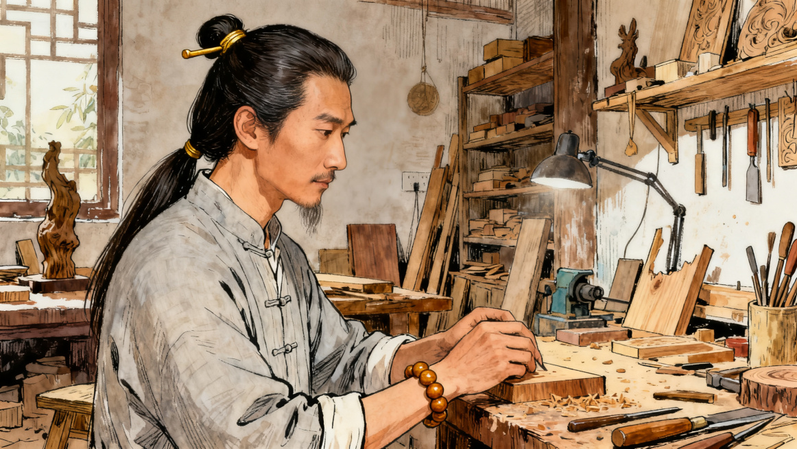 手绘插画，非遗木艺匠人侧视图，身形清瘦挺拔，长发用金丝楠发簪挽于脑后，身着浅灰棉麻中式布衣，左手戴金丝楠手串，温润儒雅气质，工坊背景，16:9构图预览效果