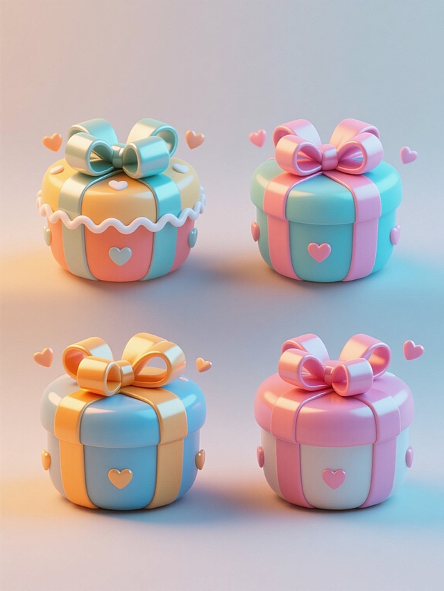 3D渲染风格的四个礼物盒，每个礼物盒拥有不同的配色、样式和材质，整体呈现出圆润可爱的造型，带有光泽感的立体蝴蝶结，精致的波浪纹边缘装饰，周围点缀着小巧的心形元素，所有礼物盒以上下两行对齐的方式排列在浅色背景上，营造出欢快、喜庆且适合双11促销的热闹氛围。