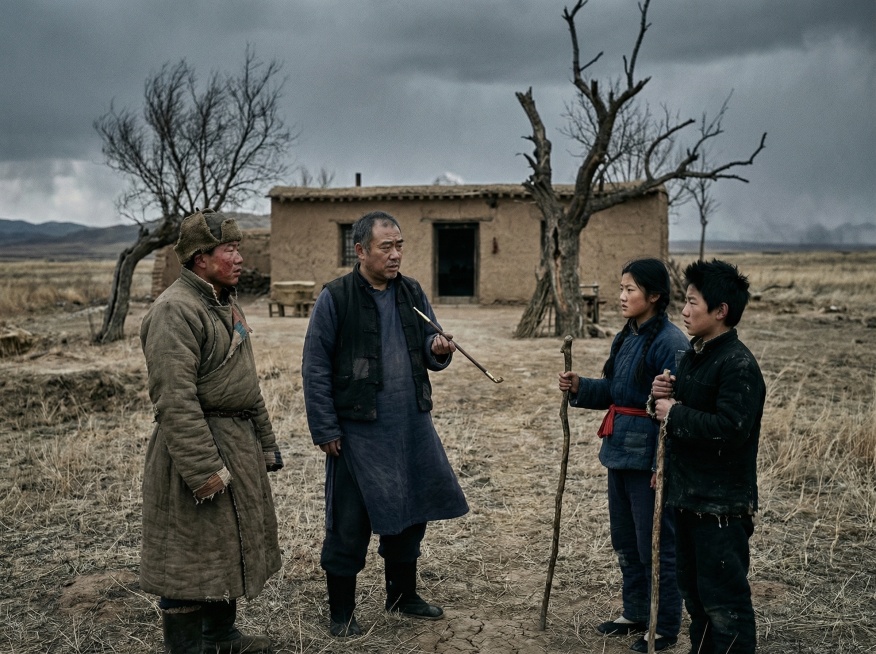 把四个主角放在一个图中，保持画面风格统一，灰暗旷野土屋枯树背景预览效果