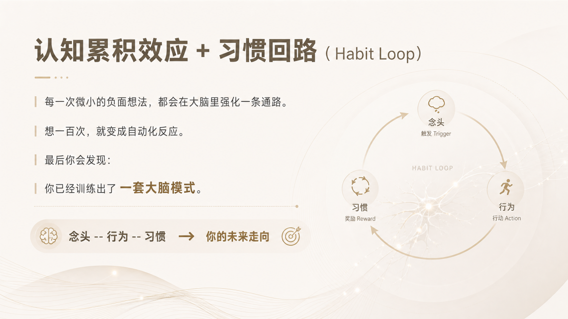 设计一张PPT，内容标题为“认知累积效应 + 习惯回路（Habit Loop）”，正文是“每一次微小的负面想法，都会在大脑里强化一条通路。
想一百次，就变成自动化反应。
最后你会发现：
你已经训练出了预览效果