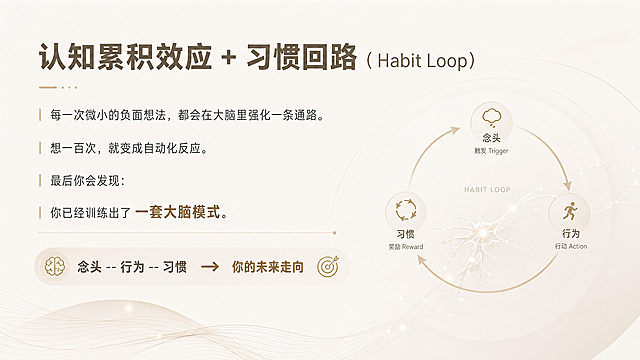 设计一张PPT，内容标题为“认知累积效应 + 习惯回路（Habit Loop）”，正文是“每一次微小的负面想法，都会在大脑里强化一条通路。
想一百次，就变成自动化反应。
最后你会发现：
你已经训练出了 一套大脑模式。
念头--行为--习惯 惯性 → 你的未来走向”，PPT整体大气简约，浅米白色背景，单一浅色配色，文字排版高级有层次感，页面干净专业，适合身心灵课程直播间展示，提升导师价值感