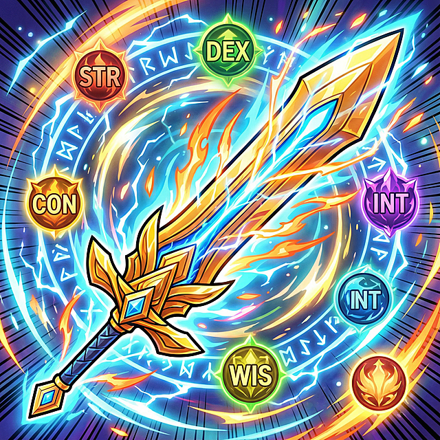 帮我生成5个BUFF类技能图  ：勇者之剑：使用后将使所有属性数值提升。勇者战衣：触发至强守护效果，瞬间恢复全部血量与魔法值。超位火焰戒指：施放后持续引发火焰风暴。丝线项链：使用后将释放光线切割效果。兵卫戒指：施放后将召唤弓箭手。风格要求：色彩鲜艳的卡通/动漫风，带有强烈的光效、动态特效，图案为正方形，无边框，不要留白空底。