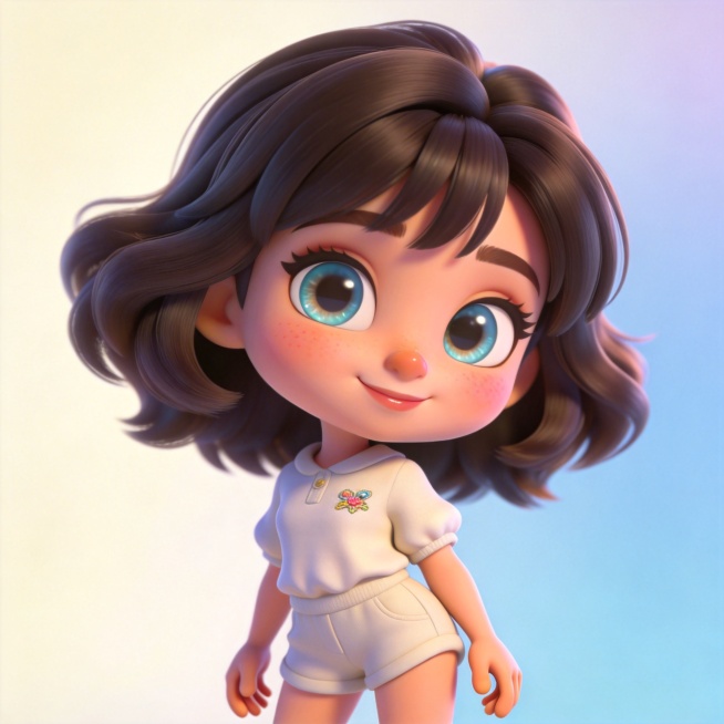 3D 卡通风格数字人，超萌 Q 版 3:1 头身比，迪士尼经典卡通渲染质感，Blender 高模制作，8K 超高清分辨率，全身居中构图，画面干净无冗余元素；圆圆的鹅蛋脸，大大的杏眼搭配清澈透亮的琉璃瞳预览效果