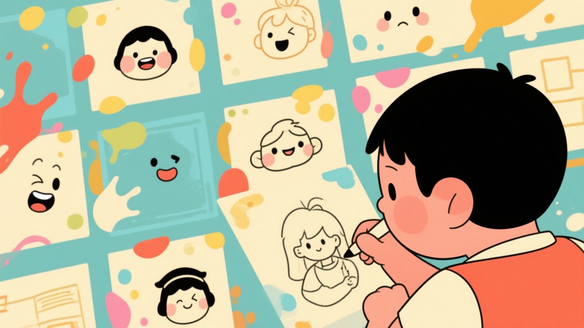 线描课程教学瞬间，孩子正在临摹Q版人物表情包。整体色调采用温暖的淡黄色和浅蓝色，每个格子边缘装饰颜料飞溅效果。风格是扁平插画，比例是16:9预览效果