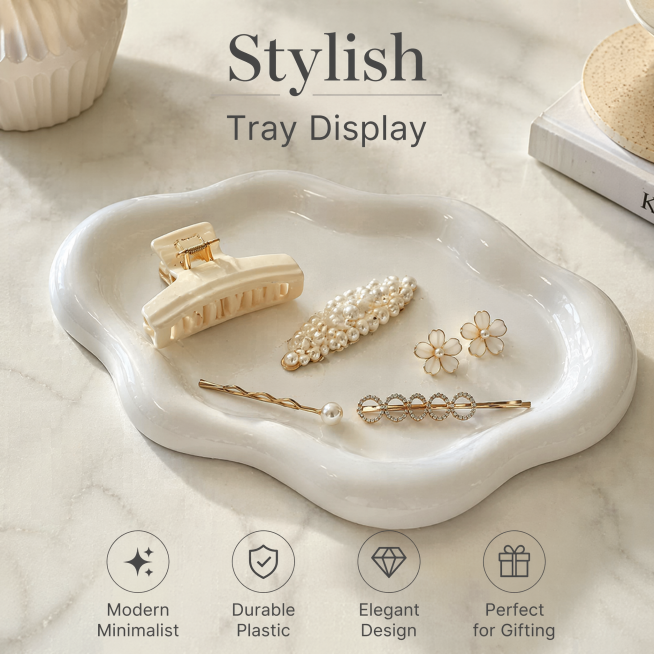 modern white plastic irregular jewelry tray, holding assorted hair accessories and hair clips on a m预览效果