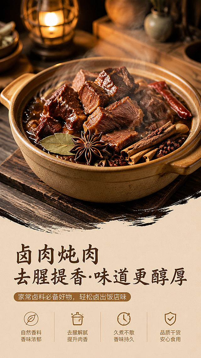 [第5屏] 家用卤肉使用场景图-烹饪刚需吸引做饭人群。本屏使用【图1】作为八角香料主体，保持真实外观，与其他香料组合展示。
[氛围/风格] 中式厨房场景，暖黄色厨房吊灯氛围感，熟食色泽诱人，居家美食详情场景图，温馨烟火气。
[元素布局] 复古砂锅炖煮卤牛肉置于画面中央，锅内升腾淡淡白雾热气，卤牛肉色泽红亮诱人；锅沿整齐摆放八角、桂皮、香叶、花椒组合香料，八角清晰可见位于最前方；原木灶台纹理自然，背景暖黄色厨房吊灯虚化；底部留白可添加卤肉炖肉去腥提香文案，留白约占底部25%。
[光影质感] 暖黄色吊灯从上方照射，柔和暖光，砂锅边缘有高光，蒸汽朦胧通透，整体温暖有食欲。
[配色色系] 全局底色暖棕黄#E8D5B7；主色卤牛肉红棕色、八角深棕色；辅助色砂锅土黄色、原木浅棕色、香叶绿色。
[视角构图] 45°斜侧俯视角度，砂锅卤味为视觉中心，阅读动线顶部灯光氛围 → 中部砂锅香料 → 底部文案留白。
[文字版式] 底部留白区放置场景卖点文案，主标题书法感宋体，副标题圆角黑体，搭配小图标，文字不遮挡食物主体。
[比例分辨率] 9:16竖版比例，4K分辨率，文字清晰可辨，高清画质。
[负向提示词] 八角变形，颜色偏差，水印，文字错乱，人物面部，背景杂乱，脏污，生肉感，糊锅。