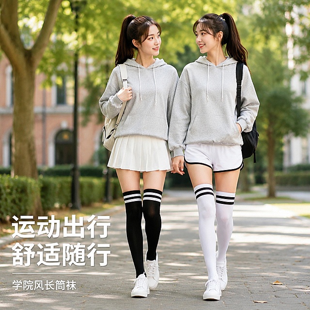 [主图-2] 全身穿搭展示学院风长筒袜
[氛围风格] 青春运动风户外校园场景
[画质] 商业摄影质感、光线柔和通透、产品清晰真实、画面干净高级
[元素] 两位模特自然行走姿态，展示两款过膝长筒袜的上身体验，保持袜子外观纹理颜色与原图一致，杜绝任何变形色差，模特着浅色系运动卫衣+百褶短裙/运动短裤，走在大学校园林荫步道，背景模糊的绿植教学楼，自然氛围感，商品主体占比约65%，画面满屏无边框
[光影] 上午柔和自然光，漫射光均匀，清晰展示袜子版型与穿搭效果
[配色] 基础黑白袜搭配浅灰运动上衣，绿色背景提亮整体
[视角构图] 平视中景，全身穿搭展示，人物完整，不裁切关键部位
[文字版式] 左下负空间文字左对齐，大字“运动出行 舒适随行”，字体大小对比清晰，不遮挡袜子主体
[输出要求] 1:1 比例，文字清晰可辨，超高清商业摄影质感
[负向提示词] 变形，文字错乱，产品模糊，背景杂乱，水印，电商平台Logo