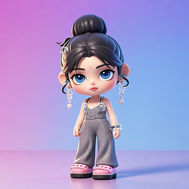 软3D风卡通女孩，可爱感十足，大眼萌态，时尚配饰点缀，梦幻渐变背景。