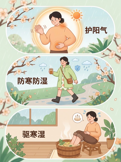 清新扁平风插画，竖版三段式构图：顶部，一位女性搓热双手捂住后颈和腹部，周围有橘色光晕和太阳图标，寓意护阳气；中部，户外场景中一位女性背着小包露出外套角，手持热姜茶，脚穿防滑鞋，搭配雨滴和保暖符号，寓意预览效果