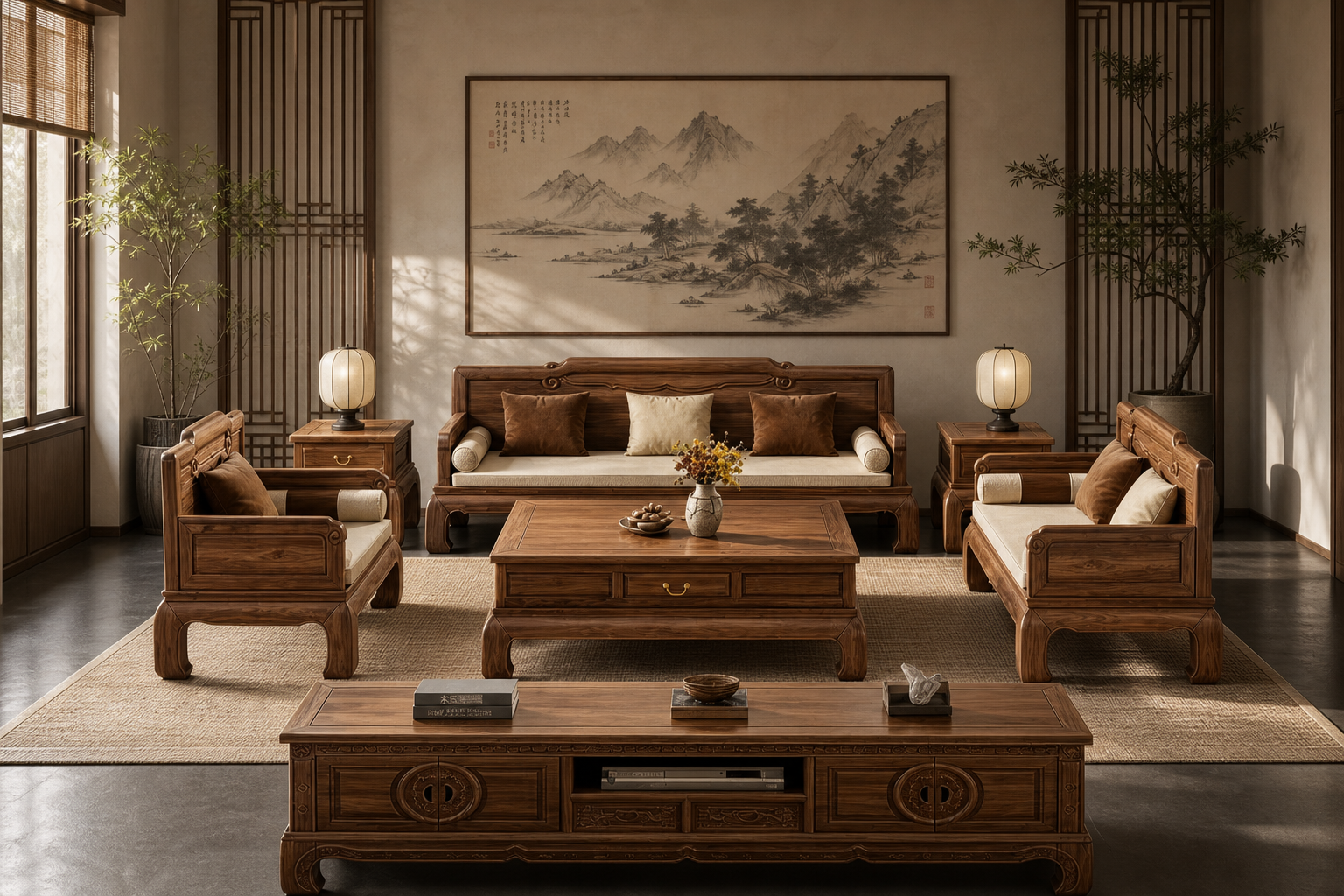 为这套实木沙发添加宋氏美学风格的中式场景背景，保留家具本身造型… - 图片创意预览