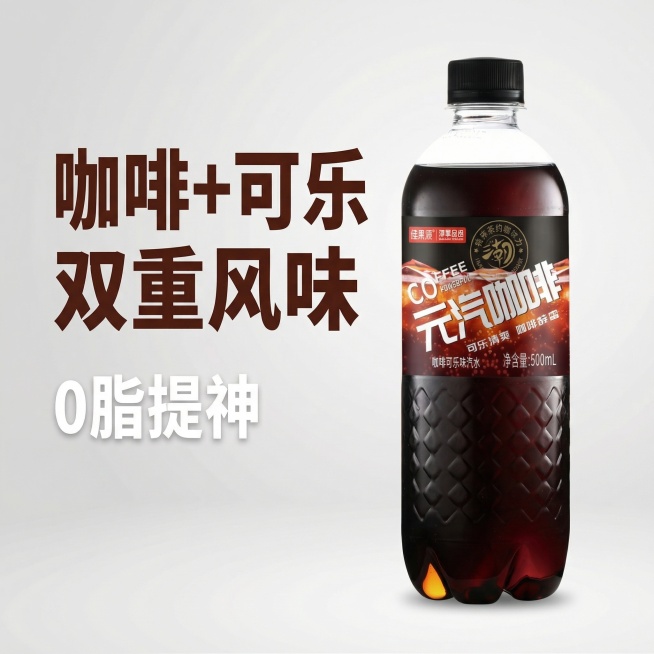 [主图 4] 元气咖啡咖啡可乐味汽水卖点展示图
[氛围/风格] 专业商业排版，简洁清晰，突出卖点信息，整体干净高级
[画面元素] 产品放置在画面偏右侧位置，保留产品外观与原图完全一致，左侧留出负空间排预览效果