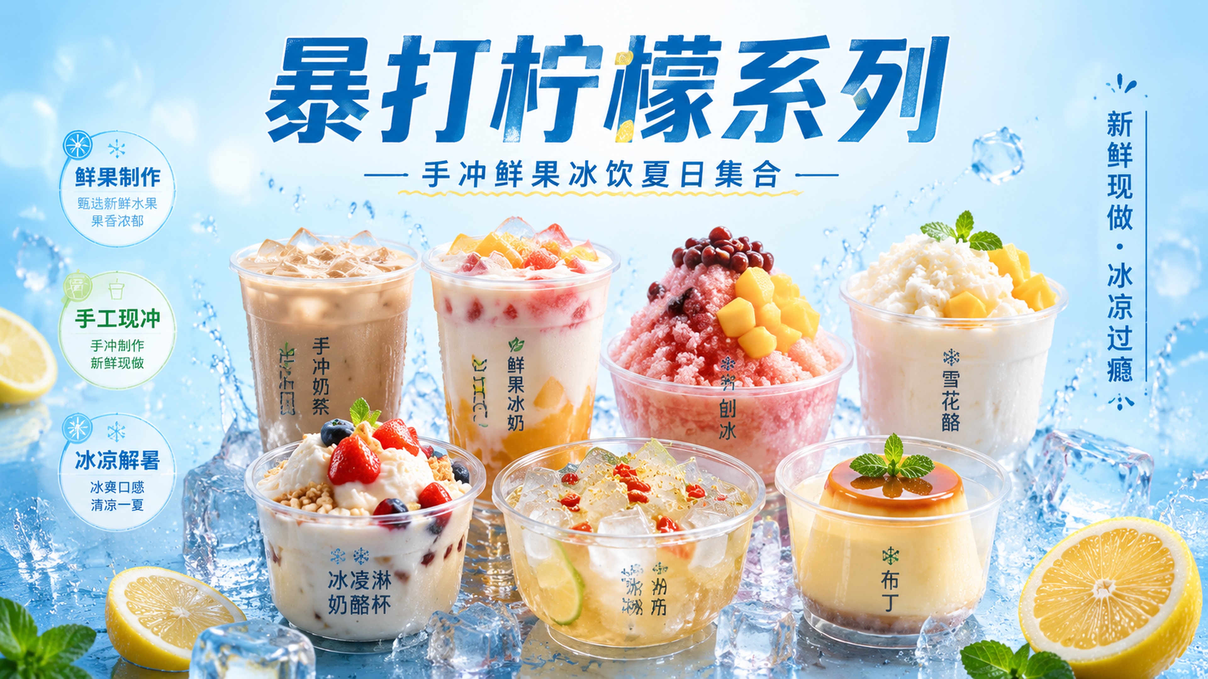 清爽夏日饮品店宣传海报，写实商业摄影风格，冰蓝渐变背景，整体呈… - 图片创意预览
