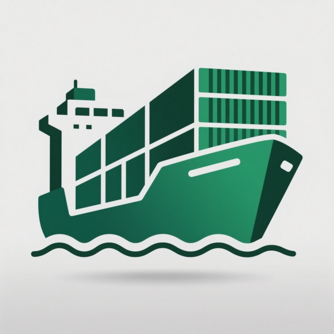 一艘大型集装箱货轮的平面矢量图标，船体和集装箱呈现出从深绿色到浅绿色的渐变效果，船头下方有波浪线条装饰，整体设计简洁现代，轮廓清晰，白色背景，风格为简约的商业标识设计。预览效果